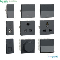 grouped image of schneider electric's unica grey series switches and sockets on a white background available to buy from shiningbulb.com