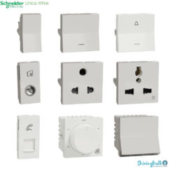 grouped image of schneider electric's unica whiteseries switches and sockets on a white background available to buy from shiningbulb.com